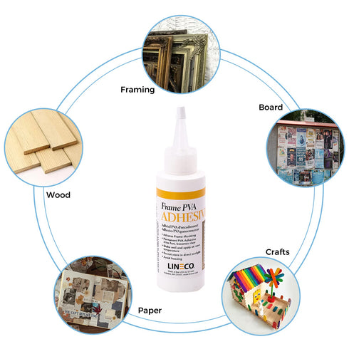 LINECO PVA Adhesive, Picture Frame Glue, Adhere Wood or MDF Frames, Dries Clear Flexible, 4 oz, Ideal for Wood Paper Board Framing Collage Crafts ...