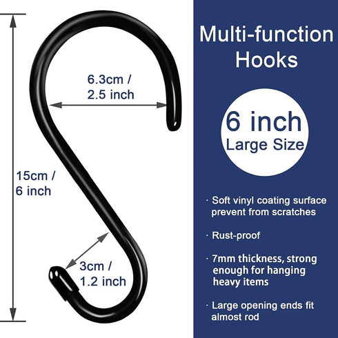 HiGift 6 Inch Large S Hooks for Hanging Plants, Non Slip Vinyl Coated S Hooks Heavy Duty, Metal Black Closet Hanger Hooks for Hanging Plant Jeans ...