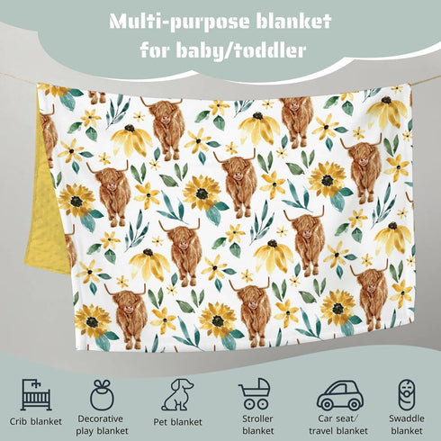 Highland Cow Sunflower Minky Baby Blanket Dotted Backing Girl Gift, Yellow Western Farm Animal Floral Double Layer Flannel Nursery Bed Blankets, S...