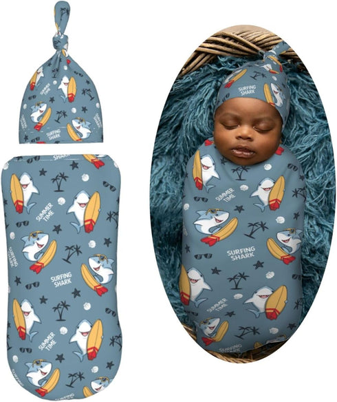 Cool Shark Tree Newborn Swaddle Blankets Hat Sets Soft Baby Receiving Blanket Swaddle Sack for Baby Shower Infant Boy Girl Gift...