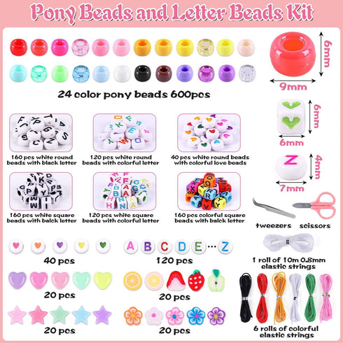 Wutubug 1500pcs Pony Beads Bracelet Making Kit, 24 Colors Friendship Bracelet Kit Kandi Beads, Letter Beads Heart Beads with Elastic String for Je...