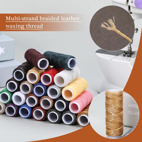 Leather Sewing Kit, Basic Hand Sewing Starter Set for Beginner, Leather Sewing Needle and 24-Color Waxed Thread Kit for Adults, Beginner, Home Tra...