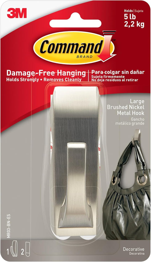 Command Large Modern Reflections Metal Hook, Brushed Nickel, 1-Hook, 2-Strips, Decorate Damage-Free...