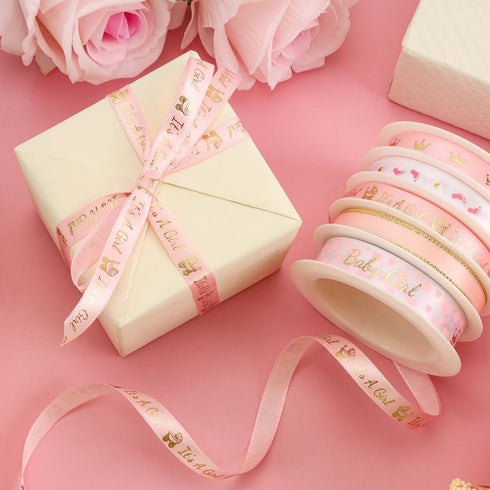 LaRibbons 5 Rolls Baby Girl Light Pink Satin Ribbon for Gift Wrapping, Craft Ribbon for Baby Shower, Birthday, Wreath, Party Decoration, 5Yards/Ro...