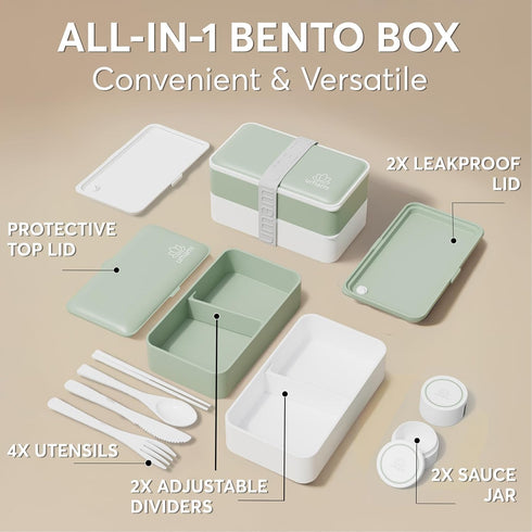 Umami Bento Box Adult All-In-1 w/4 Utensils, 2Sauce Jars, 2 Dividers, 100% Leakproof, Microwave & Dishwasher Safe, Stackable Bento Lunch Box Conta...