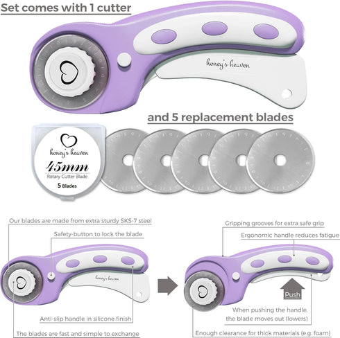 Rotary Cutter Set - Quilting Kit incl. 45mm Fabric Cutter, 5 Replacement Blades, A6 Cutting Mat and Craft Clips - Ideal for Crafting, Sewing, Patc...
