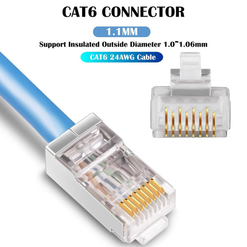 iGreely Shielded Cat6 RJ45 Connectors 50 Pack Gold Plated RJ45 Cat6/Cat5E/Cat5 8P8C 50 Micron 50u 3 Prong FTP STP Ethernet Cable Crimp Modular Plu...