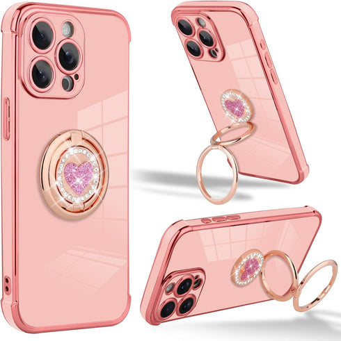 Compatible with iPhone 15 Pro Max Case with Stand, Luxury Cute Bling Double Ring Heart Kickstand Women Girls, Shockproof Soft TPU Plating Protecti...