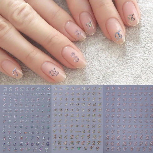 6 Sheets English Letters Nail Stickers for Nail Art Supplies 3D Self-Adhesive Gold White Laser Black Retro Letters Design Nail Art Stickers Alphab...