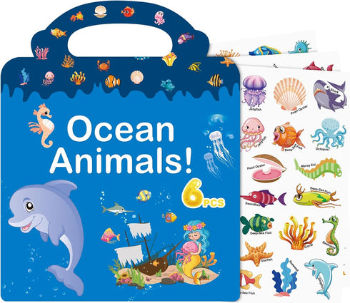 214 PCS Ocean Animals Reusable Sticker Books for Kids, 6 Sheets Reusable Stickers for Toddlers, Cute Waterproof Toddler Stickers Age 3+, Window Cl...