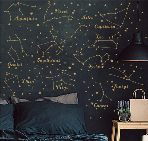 Constellation Wall Decal Twelve Constellations Stars Wall Stickers for Nursery Room Zodiac Astronomy Art Mural Kids Room Stars Decoration AM117 (G...