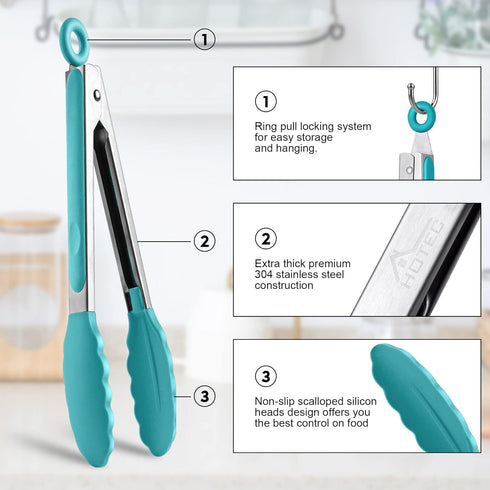 HOTEC Premium Stainless Steel Locking Kitchen Tongs with Silicon Tips, Set of 2-9" and 12", Blue...