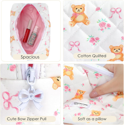 Cute Travel Makeup Bag, Cotton Quilted Small Cosmetic Bag Handmade, Bear Bow Patterns Coquette Aesthetic Floral Pouches Toiletry Brushes Pencil Or...