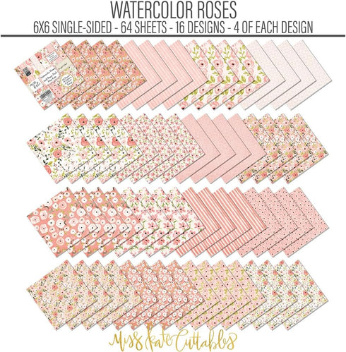 6x6 Pattern Paper Pack - Watercolor Roses - with Florals -Scrapbook Single-Sided-64 Sheets- 50% Smaller Patterns - by Miss Kate Cuttables...