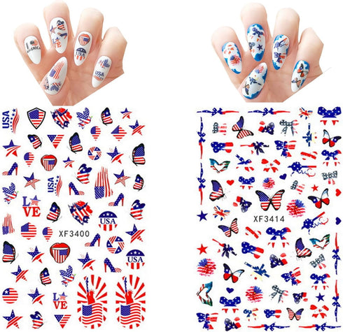 4th of July Nail Art Stickers American Independence Day Nail Design Lips Flag Hearts Flame Shape 3D Self-Adhesive Nail Art Supplies Patriotic Stic...