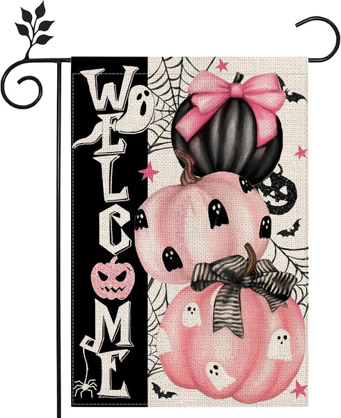 Halloween Garden Flag Double-Sided Welcome Yard Flag Spooky Ghost Pink Pumpkin Holiday Outdoor Decorative Fabric Flag for Patio Lawn Halloween Par...