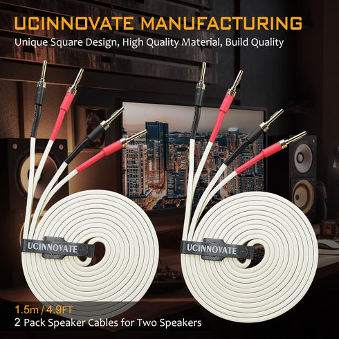 2 Pack 14 AWG OFC Speaker Cable with Pin Banana Plugs, Craft-made HiFi 1.5m/4.9Ft White Square Speaker Wire With Gold-plated Banana Plugs, Speaker...