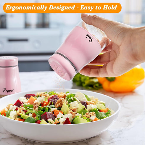 Pink Salt and Pepper Shakers Set, Bivvclaz 5 oz Stainless Steel Salt and Pepper Dispenser with Glass Bottom, Cute Salt and Pepper Shakers for Pink...