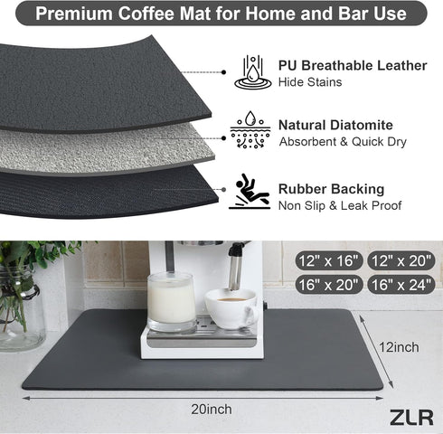 Coffee Mat - 12" x 20" Middle Kitchen Absorbent Mat for Countertop - Easy to Clean Coffee Bar Mat for Coffee Machine, Coffee Maker, Espresso Machi...