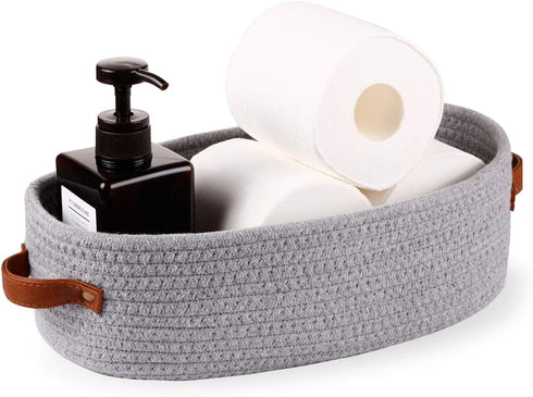 Cotton Rope Small Woven Toilet Paper Room Storage Basket with Handles for Bathroom, 13"x5.9"x4" Gary...