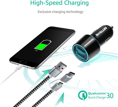 Fast USB Car Charger, Arttron Quick Charge 3.0 24W 4.8A Car Charger Adapter. with 3ft USB Type C &Micro 2 in 1 Fast Charging Cable,for iPhone/Sams...