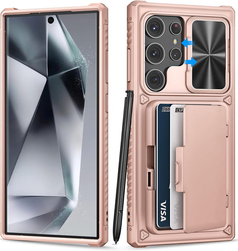 for Samsung Galaxy S24 Ultra Case with Card Holder (Store 4-5 Cards) & Slide Lens Cover & Stand, Military Grade Drop Protection, Shockproof Wallet...