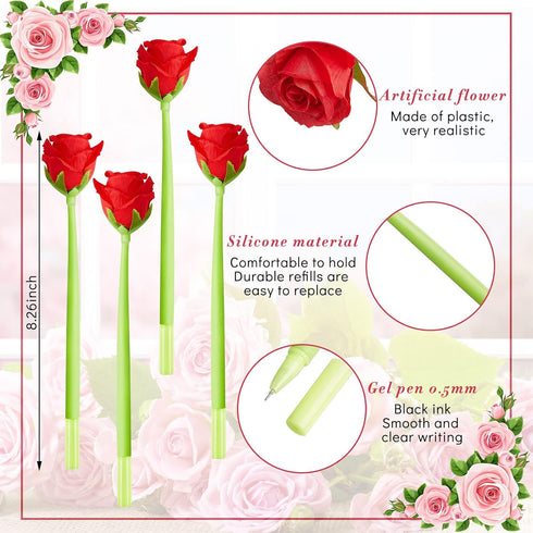 Gueevin 24 Pcs Flower Pens Gifts Mothers Day Artificial Rose Pens Creative Black Ink Pens Bulk Wedding Birthday Party Favors Office School Gift Su...