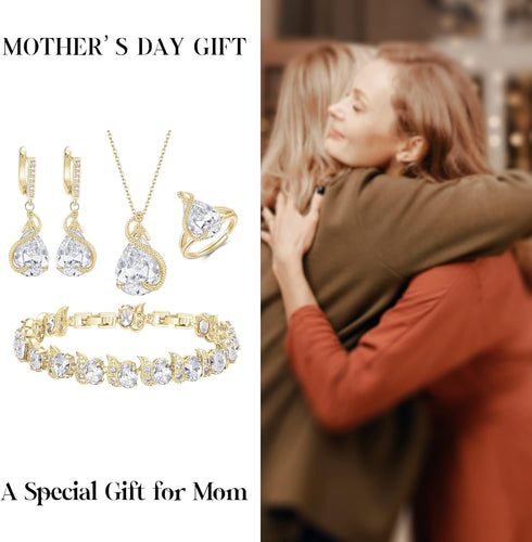 EVER FAITH Wedding Jewelry Set for Bride Bridesmaid, Glamour Teardrop Cubic Zirconia Pendant Necklace Earrings Tennis Bracelet Open Ring Sets for ...