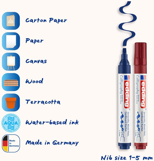 edding 1455 calligraphy marker - set of 3 markers - black, steel blue, crimson lake - flexible calligraphy nib 1-5 mm - fibre pen for paper, wood,...