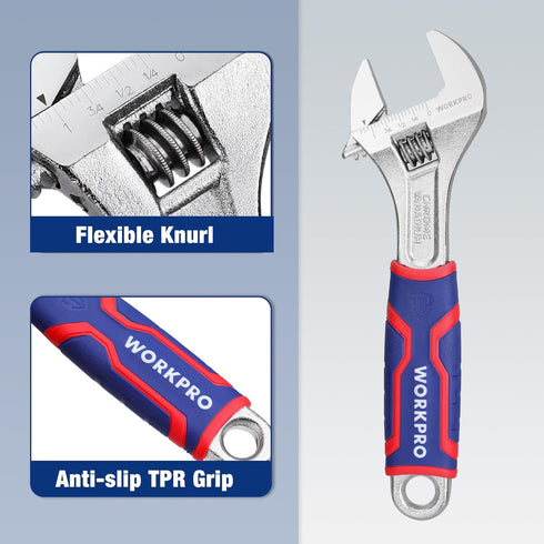 WORKPRO 8-inch Adjustable Wrench, Wide Jaw Opening Wrench with Rubber Anti-slip grip, Metric/SAE Scales, Premium Cr-V Steel, Chrome Plated...