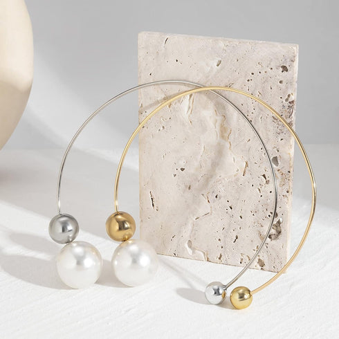 Metal Big Pearl Open Choker Necklace Adjustable Silver Big Pearl Choker Necklaces for Women Round Open Cuff Necklace Elegant Cuff Collar Necklace ...