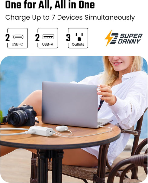 SUPERDANNY Detachable Travel Power Strip,45W USB Fast Charge,2 USB-C & 2 USB-A with 3 Outlets Flat Plug Extension Cord 5ft,Portable Charger for Tr...