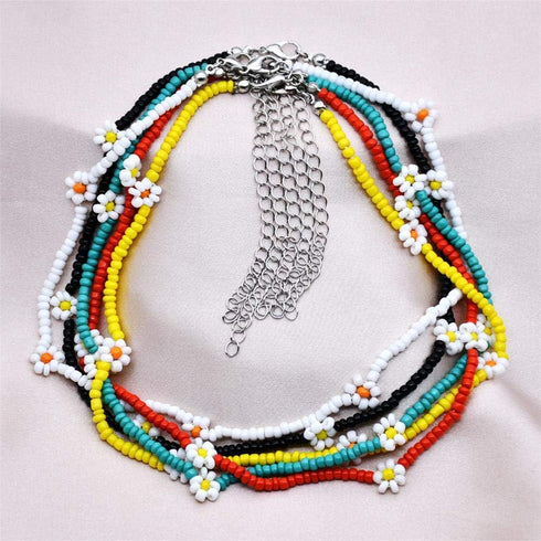 Colorful Sunflowers Beaded Choker Bohemian Daisy Flowers Necklace Handmade Summer Boho Resin Seeds Beads Collar Clavicle Choker Necklaces for Wome...