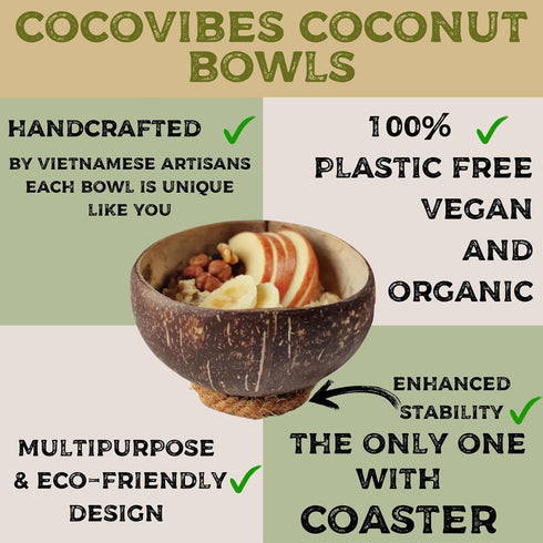 4 Handcrafted Wooden Bowls for Food Coconut Bowl Set with Spoons & Anti-Tip Coconut Rings perfect for Smoothie Bowls, Yogurt or Cereals...