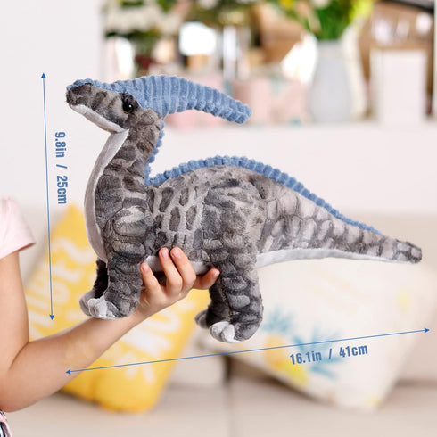Dinosaur Plush Toy, 16" Parasaurolophus Stuffed Animal Throw Plushie Pillow Doll, Soft Grey Fluffy Friend Hugging Cushion - Present for Every Age ...