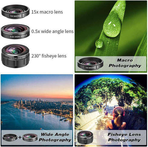 3 in 1 Lens Kit for iPhone and Android, 15X Macro Lens + 0.5X Wide Angle Lens + 230° Fisheye Lens, Phone Camera Lens, Color Black......
