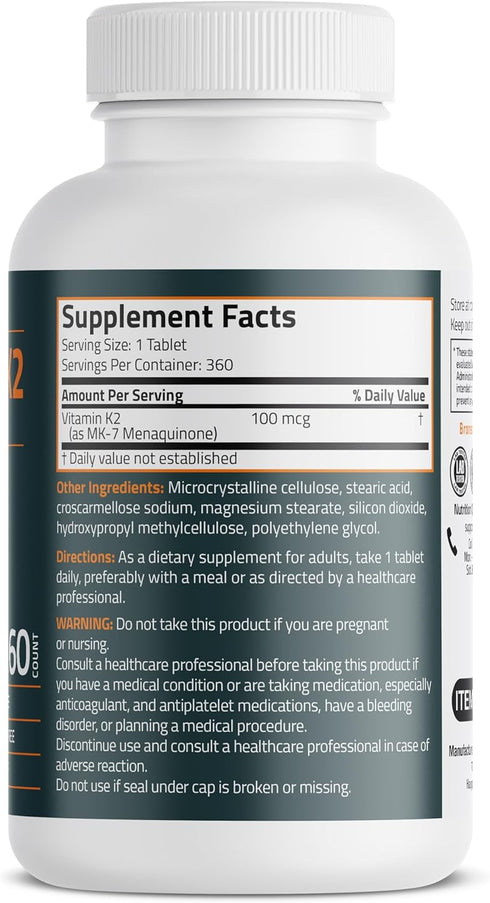 Bronson Vitamin K2 MK-7 100 MCG, K2 as MK7 Menaquinone, Bone Support 1 Year Supply, 360 Tablets...