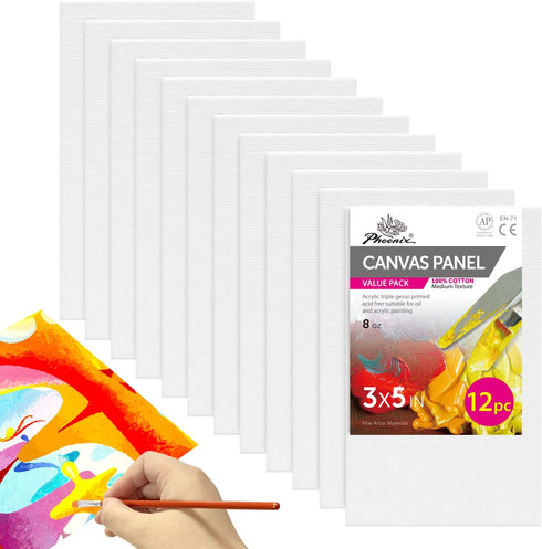 PHOENIX Small Painting Canvas Panels 3x5 Inch, 12 Value Pack - 8 Oz Triple Primed 100% Cotton Acid Free Canvas Boards for Painting, White Blank Fl...