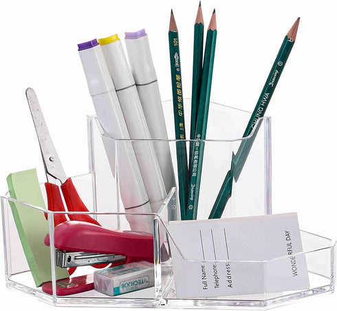 Cq acrylic Pencil and Pen Holder For Desk 3 Compartment Cute Pen Cup Durable Desk Organizers for Middle High School Office College Student Clear P...