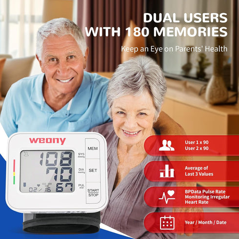 Portable Blood Pressure Monitor Wrist, Adjustable Wrist Blood Pressure Cuff 5.3-8.5in, BP Monitor Large LCD, 2x90 Memory, Blood Pressure Monitors ...