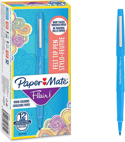 Paper Mate Flair Felt Tip Pens | Medium Point (0.7mm) | Sky Blue | 12 Count...