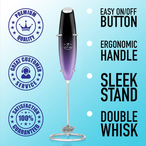 Zulay Kitchen Powerful Double Whisk Milk Frother Handheld - Foam Maker With Stand - Whisk Drink Mixer for Coffee, Mini Foamer for Latte, Matcha, F...
