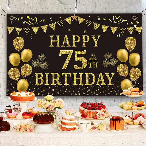 Trgowaul 75th Birthday Backdrop Gold and Black 5.9 X 3.6 Fts Happy Birthday Party Decorations Banner for Women Men Photography Supplies Background...