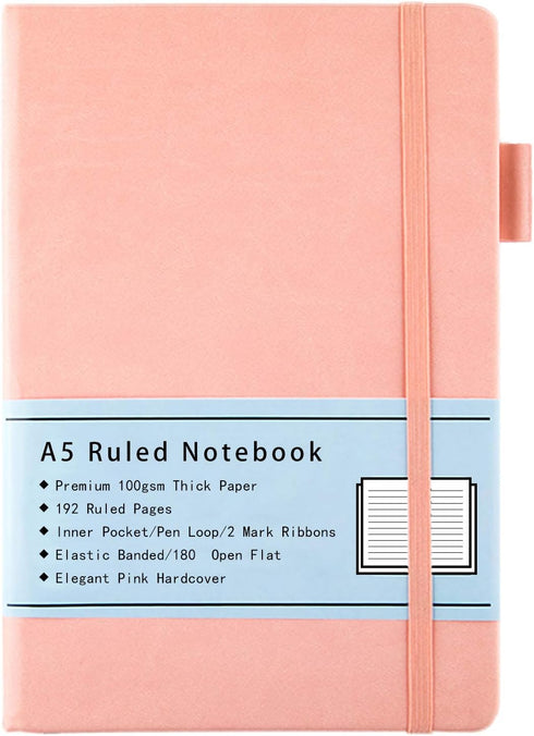 A5 Notebook Ruled, Hard Cover Ruled Journal with Premium 100 GSM Thick Paper, Inner Pocket, Pen Loop, Elastic Banded, Faux Leather Cover, 192 Page...
