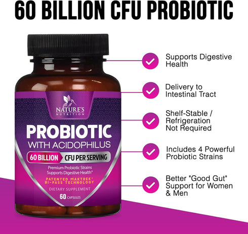 Probiotics, 60 Billion CFU per Serving, Probiotic with Prebiotics for Digestive & Immune Health Support for Women & Men - Nature's Supplement is S...