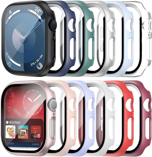 Cuteey 12 Pack Case for Apple Watch Series 9 8 7 45mm Tempered Glass Screen Protector, All Round Full Hard PC Protective Cover Bumper for iWatch 9...