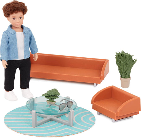 Lori – Mini Boy Doll & Toy Living Room Furniture – 6-inch Boy Doll & Dollhouse Accessories – Sofa, Armchair, Coffee Table, Rug, Plants – Play Set ...