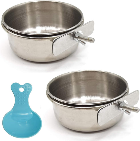 RONYOUNG 2PCS Bird Feeding Dish Cups with Spoon, Parrot Food Bowl Clamp Holder - Stainless Steel Coop Cup, Bird Cage Water Bowl for Parakeet Afric...