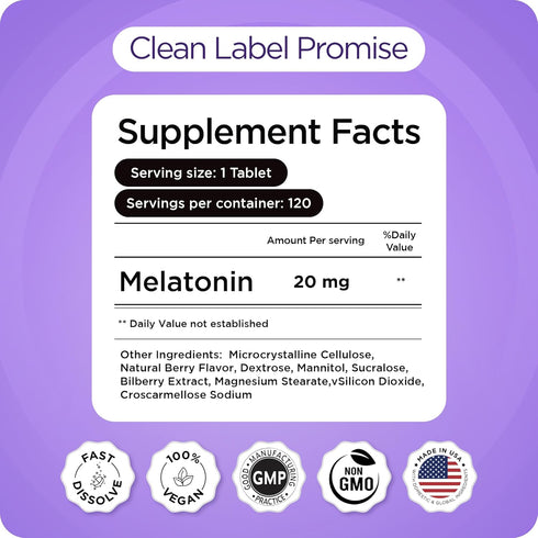 Balancebreens Melatonin 20mg Fast Dissolve Tablets - High Potency, Fast Acting, Natural Sleep Support - Sleep Aids for Adults - Non-Groggy, Drug-F...