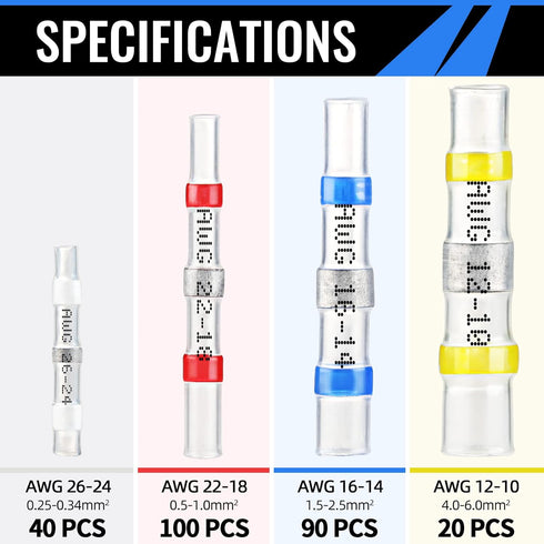 Sopoby 250PCS Solder Seal Wire Connectors Insulated Waterproof Electrical Wire Terminals Heat Shrink Solder Butt Connectors Solder Connector Kit f...